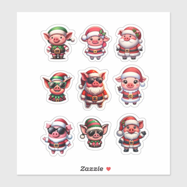 Christmas Pig Cartoon Characters Sticker (Sheet)