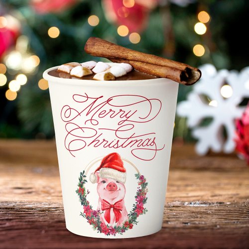 Christmas Pig Cute Fun White Red Merry Christmas Paper Cups