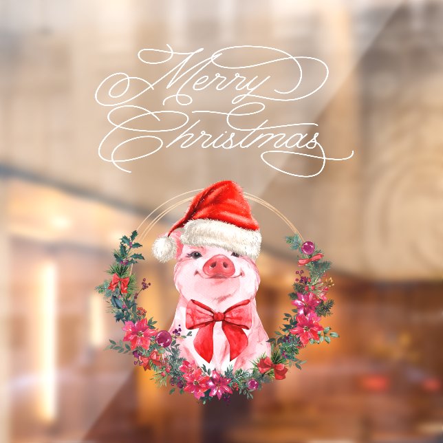 Christmas Pig Cute Fun White Red Merry Christmas Window Cling (Sheet 2)