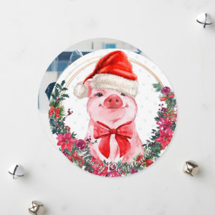 Christmas Pig Cute Piglet Bow Wreath Polka Dots Holiday Card