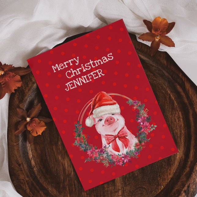 Christmas Pig Cute Piglet Bow Wreath Polka Dots Holiday Card (Creator Uploaded)