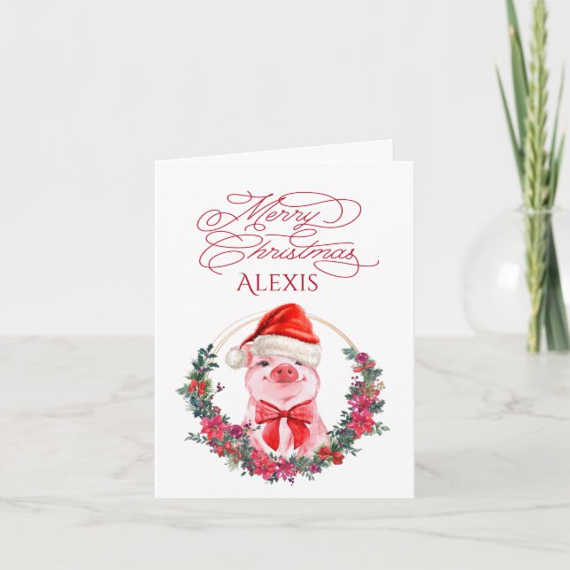    Christmas Pig Cute Piglet Bow Wreath Polka Dots Holiday Card (Front)