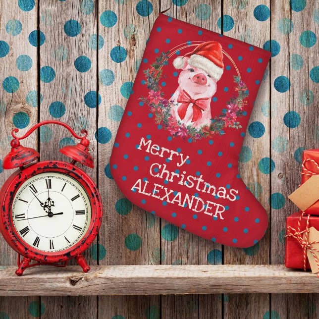 Christmas Pig Cute Piglet Bow Wreath Polka Dots Large Christmas Stocking (Creator Uploaded)