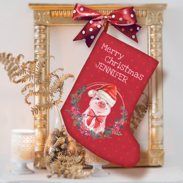 Christmas Pig Cute Piglet Bow Wreath Polka Dots Small Christmas Stocking (Creator Uploaded)
