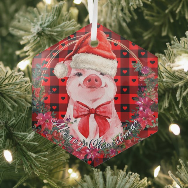 Christmas Pig Cute Piglet Wreath Buffalo Plaid Glass Ornament (Insitu)