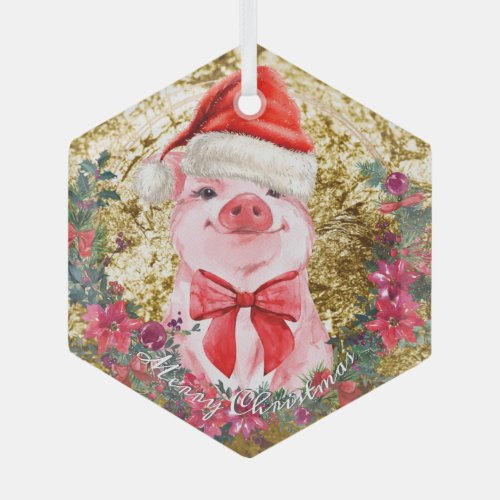   Christmas Pig Cute Piglet Wreath Merry Christmas Glass Ornament