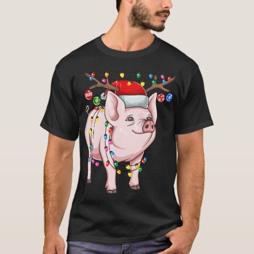 Christmas Pig Holiday Lights With Antlers And Orna T_Shirt
