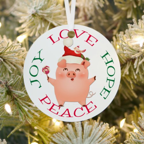 Christmas Pig Hope Love Joy Peace Metal Ornament