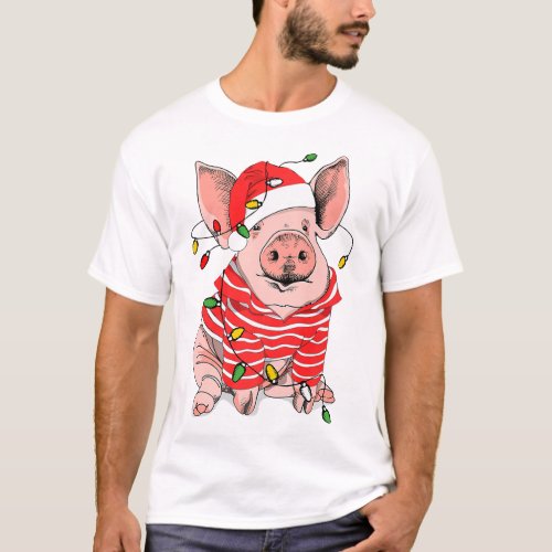 christmas pig lights santa hat   boys men pig love T_Shirt