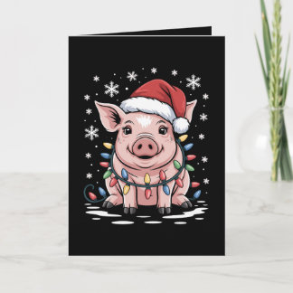 Christmas Pig Santa Hat Lights Snowflake Xmas Card