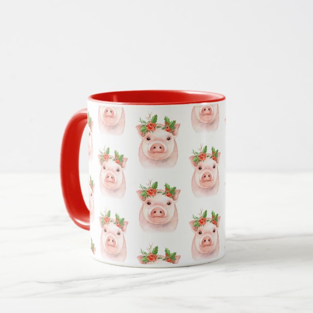 Christmas Piglet Pink Pink Holiday Farm Country Mug (Front Left)