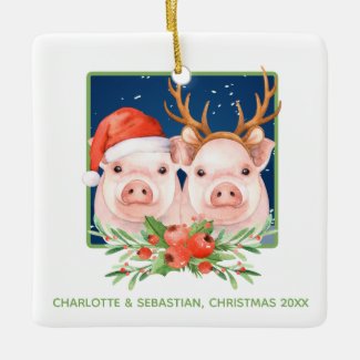 Christmas Pigs Cute Santa and Reindeer Couple