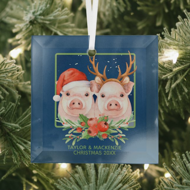 Christmas Pigs Cute Santa and Reindeer Couple Glass Ornament (Insitu)