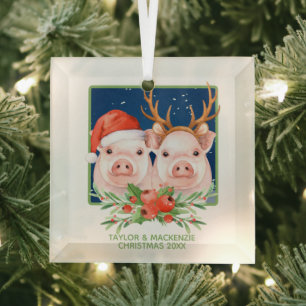 Christmas Pigs Cute Santa and Reindeer Couple Glass Ornament