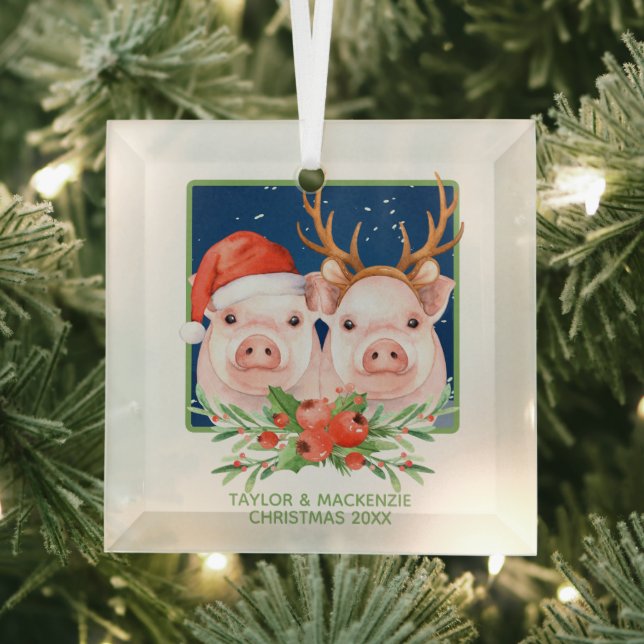 Christmas Pigs Cute Santa and Reindeer Couple Glass Ornament (Insitu)