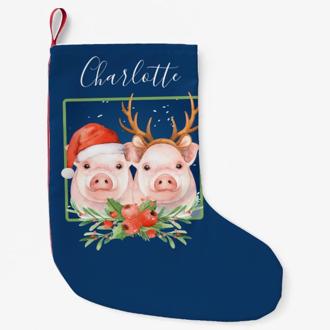 Christmas Pigs Personalized Santa Reindeer Small Christmas Stocking (Front)