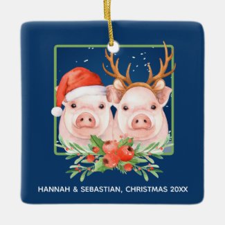 Christmas Pigs Santa Reindeer Couple Personalized