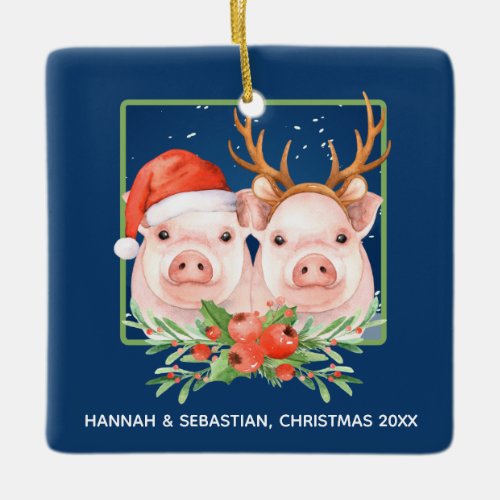 Christmas Pigs Santa Reindeer Couple Personalized Ceramic Ornament