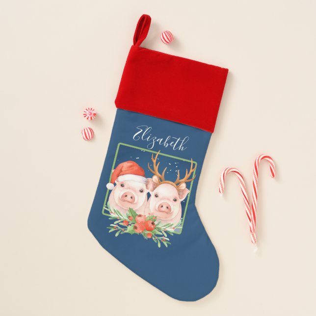 Christmas Pigs Santa Reindeer Personalized Christmas Stocking (Front)