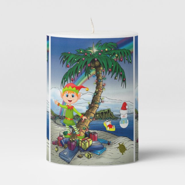 Christmas Pillar Candle, Beach Bum Santa Pillar Candle (Front)