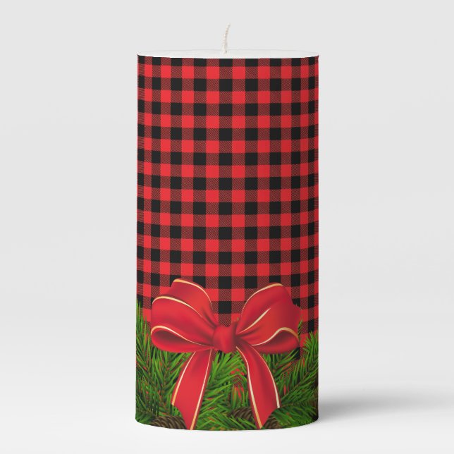 Christmas Pillar Candle Buffalo Plaid & Evergreens (Front)