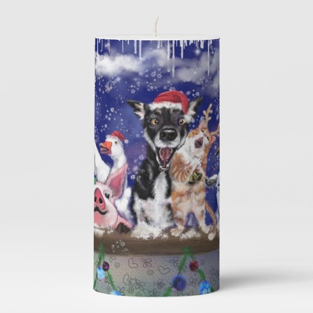 Christmas Pillar Candle Funny Happy Animal Party (Front)