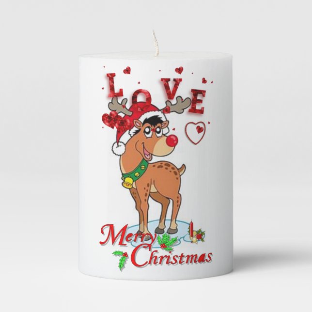 Christmas Pillar Candle, Reindeer Candle (Front)