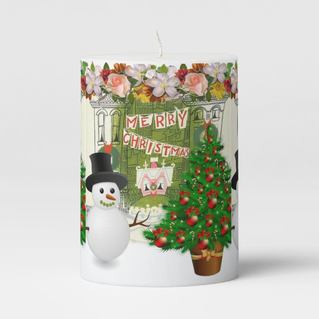 Christmas Pillar Candle, Snowman Candle (Front)
