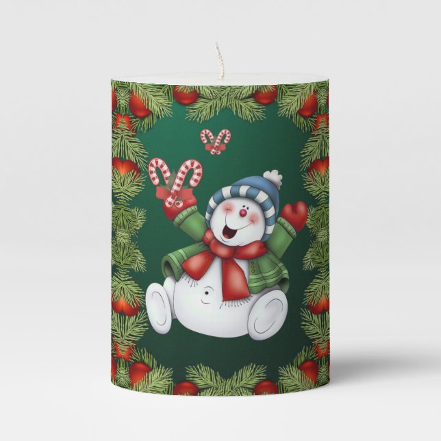 Christmas Pillar Candle, Snowman Pillar Candle (Front)