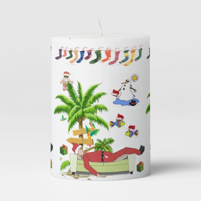 Christmas Pillar Candle, Summer Santa Candle (Front)
