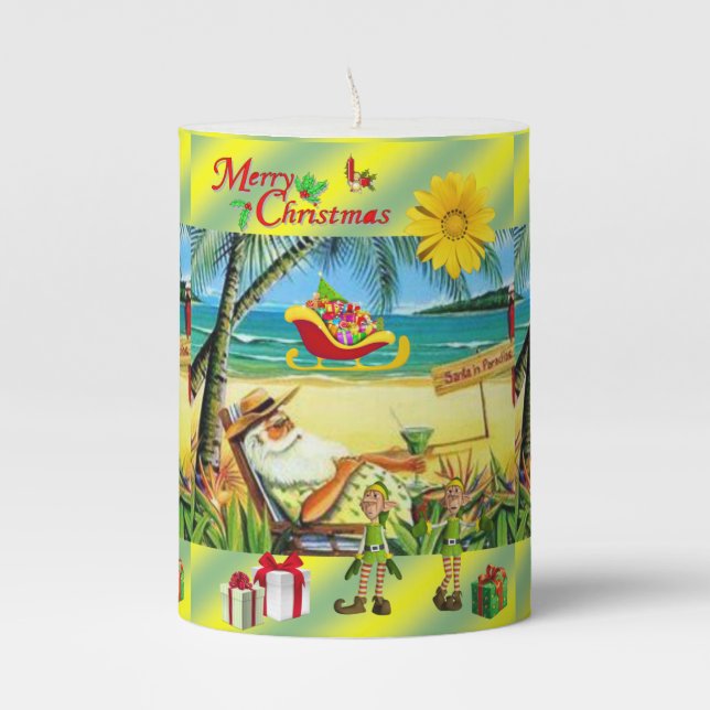 Christmas Pillar Candle, Summer Santa Candle (Front)