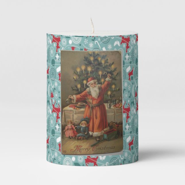 Christmas Pillar Candle, Vintage Santa Pillar Candle (Front)