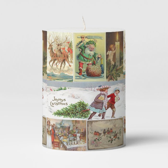 Christmas Pillar Candle, Vintage Santa Pillar Candle (Front)