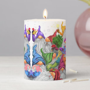 Christmas Pillar Candle with Happy Gnome Party