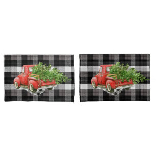 Christmas Pillow Cases Red XMAS Truck Plaid White