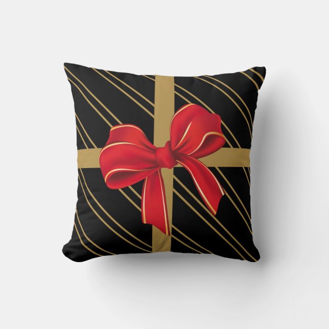 Christmas Pillow, modern gift wrap w/ bow Throw Pillow (Front)