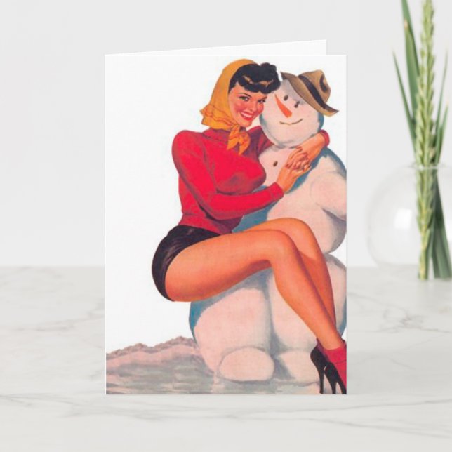 Christmas Pin-Up Girl and Classic Snow Man Card (Front)