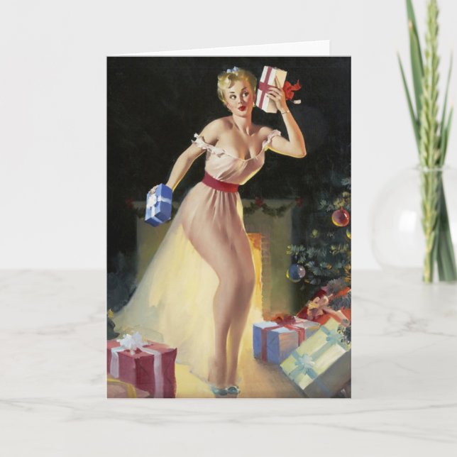 Christmas Pin-Up Girl checking out the Gifts Card (Front)