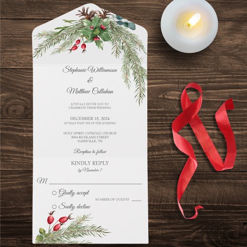 Christmas Pine and Berries All In One Invitation