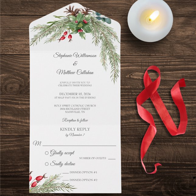 Christmas Pine and Berries All In One Invitation (Also available with QR code or without dinner options. )