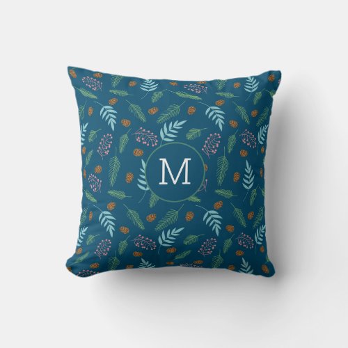 Christmas Pine and Berries Pattern on Dark Blue Throw Pillow