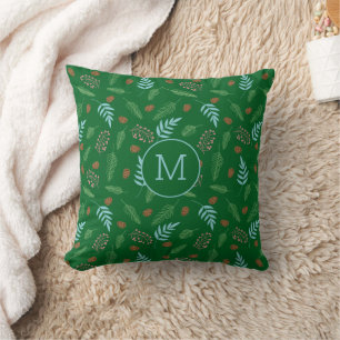 Christmas Pine and Berries Pattern on Dark Green Throw Pillow