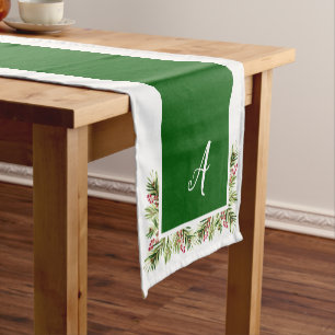 Christmas Pine and Berries Watercolor Monogram Short Table Runner