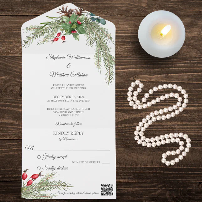 Christmas Pine and Berries with QR Code All In One Invitation | Zazzle