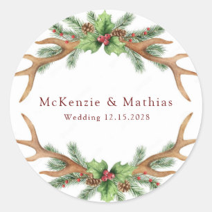 Christmas Pine and Deer Antlers Wedding Classic Round Sticker
