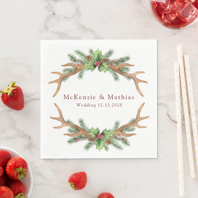 Christmas Pine and Deer Antlers Wedding Napkins (Insitu)