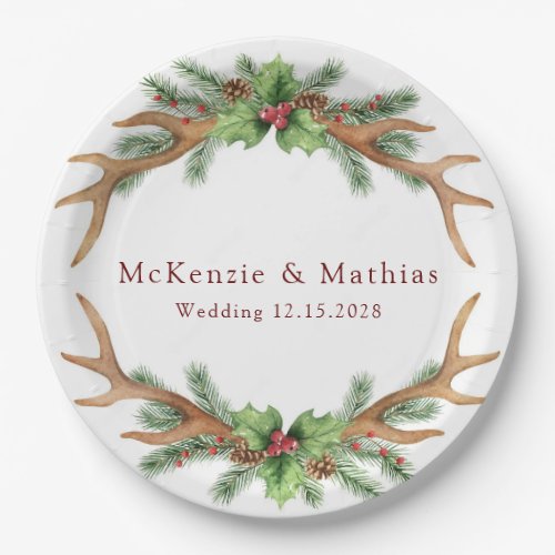 Christmas Pine and Deer Antlers Wedding Paper Plates