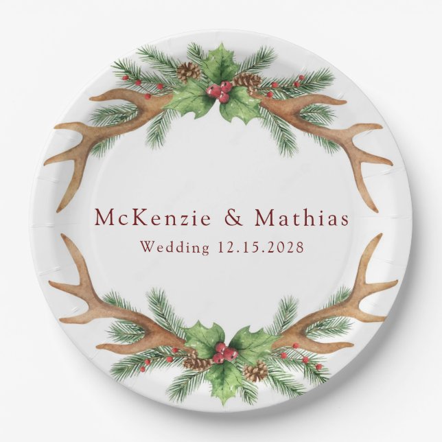 Christmas Pine and Deer Antlers Wedding Paper Plates (Front)