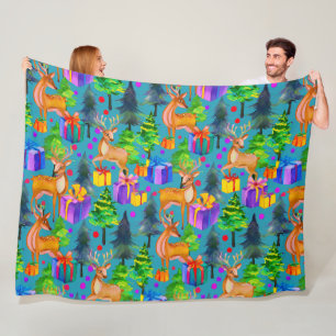 Christmas pine and deer pattern fleece blanket