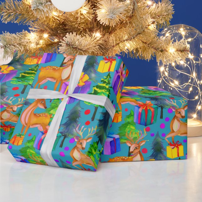 Christmas pine and deer pattern wrapping paper (Holidays)
